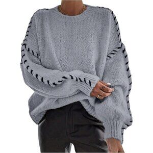 Women's Grey Oversized Stitching Long Sleeve Crew Neck Baggy Knit Sweaters